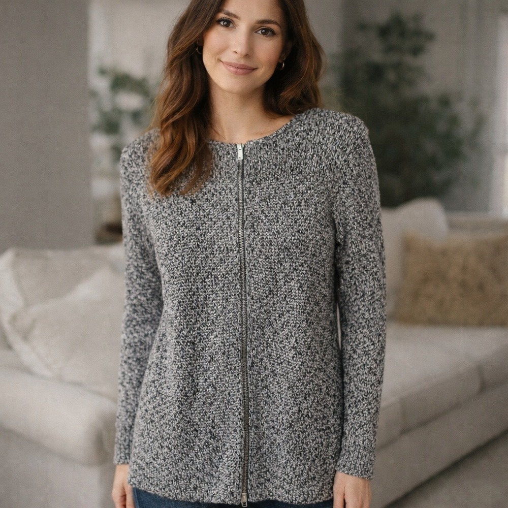 Calvin Klein Sweater Women's Size Medium Gray Double Zip V-Neck Long Sleeve EUC
